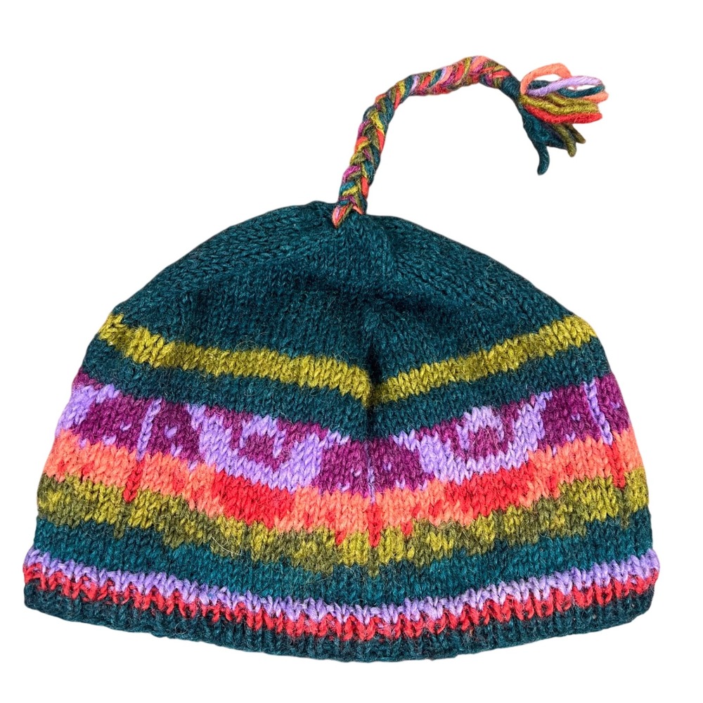 Lost Horizons Handmade Nepal Wool Beanie Fleece Lined Striped Tassel Hat Multi